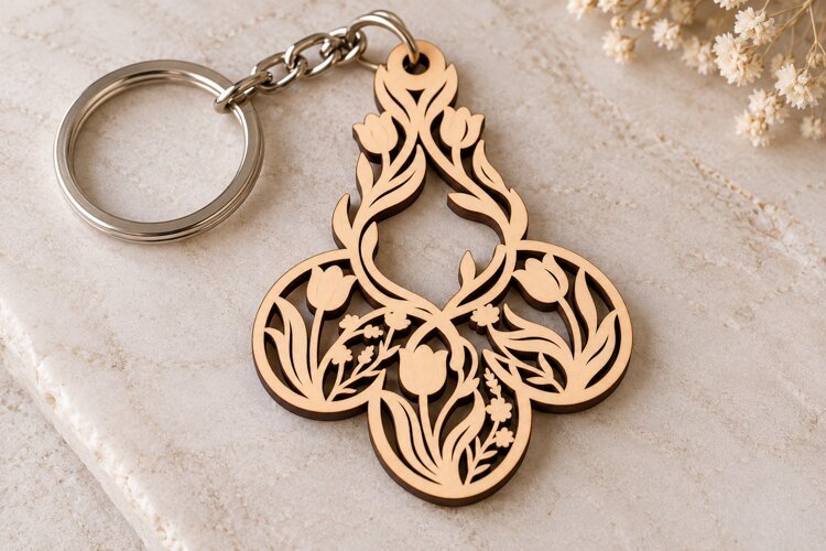 Ornate Three Petal Floral Drop Keychain Laser Cut SVG PNG example image 1