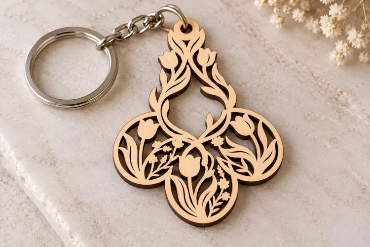 Ornate Three Petal Floral Drop Keychain Laser Cut SVG PNG