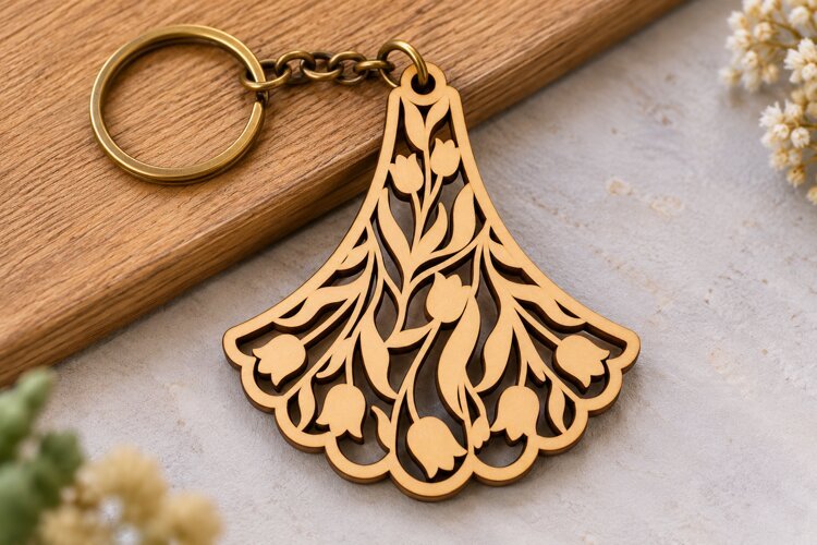 Fan Shaped Tulip Floral Keychain Laser Cut SVG PNG DXF EPS example image 1
