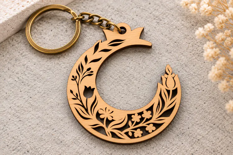 Floral Crescent Moon Bouquet Keychain Laser Cut SVG PNG DXF