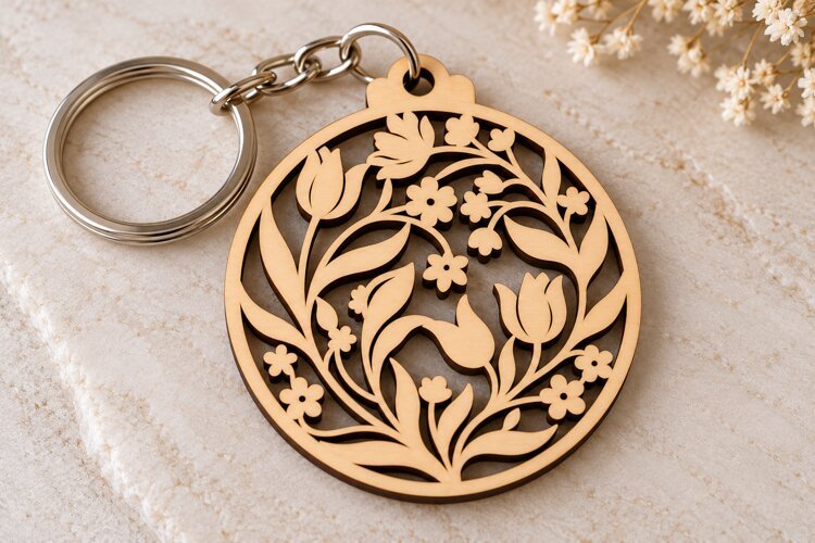 Round Tulip Garden Floral Keychain Laser Cut SVG PNG DXF EPS example image 1