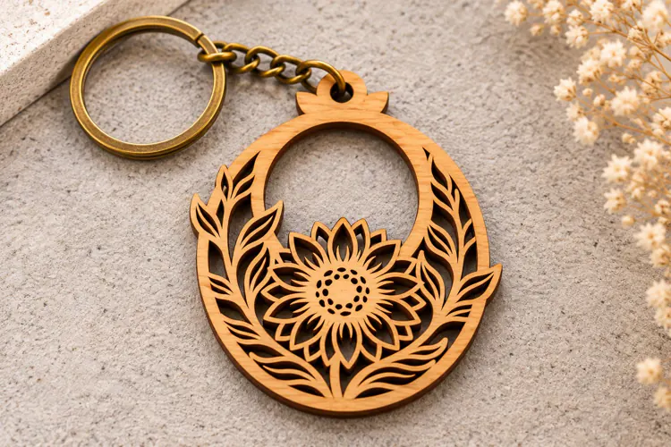 Round Sunflower and Leaves Keychain Laser Cut SVG PNG DXF