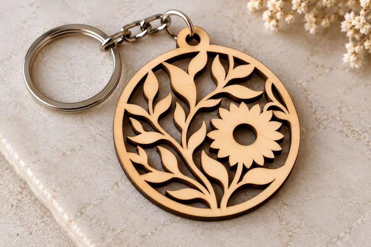 Circular Daisy and Leaf Keychain Laser Cut SVG PNG DXF EPS