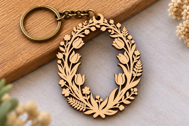Small Flower Laurel Wreath Keychain Laser Cut SVG PNG DXF example image 1