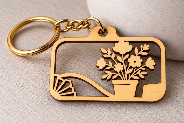 Floral Bouquet Rectangle Frame Keychain Laser Cut SVG PNG example image 1