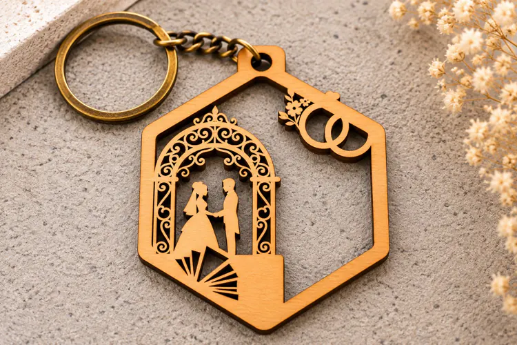 Hexagon Wedding Couple Arch Keychain Laser Cut SVG PNG DXF