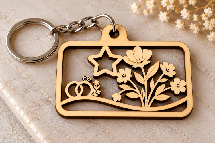 Star and Floral Rectangle Keychain Laser Cut SVG PNG DXF EPS