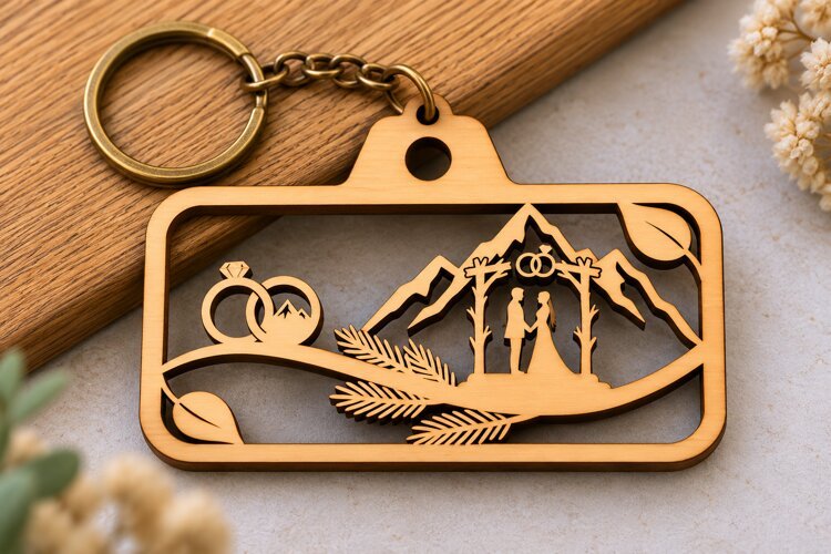 Mountain Wedding Landscape Rectangle Keychain Laser Cut SVG example image 1