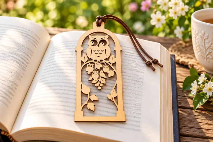 Cute Owl on Flowering Branch Bookmark Laser Cut SVG PNG DXF