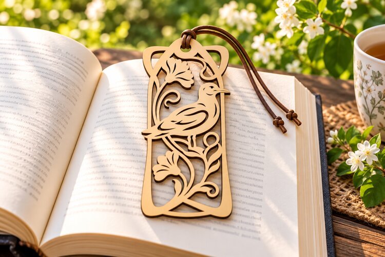 Bird with Flower Vine Bookmark Laser Cut SVG PNG DXF EPS example image 1