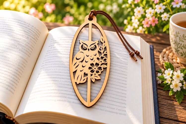 Owl Floral Leaf Bookmark Laser Cut SVG PNG DXF EPS, Wooden example image 1