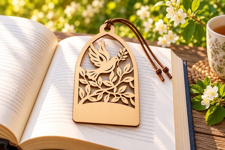 Bird on Branch Floral Bookmark Laser Cut SVG PNG DXF EPS, example image 1