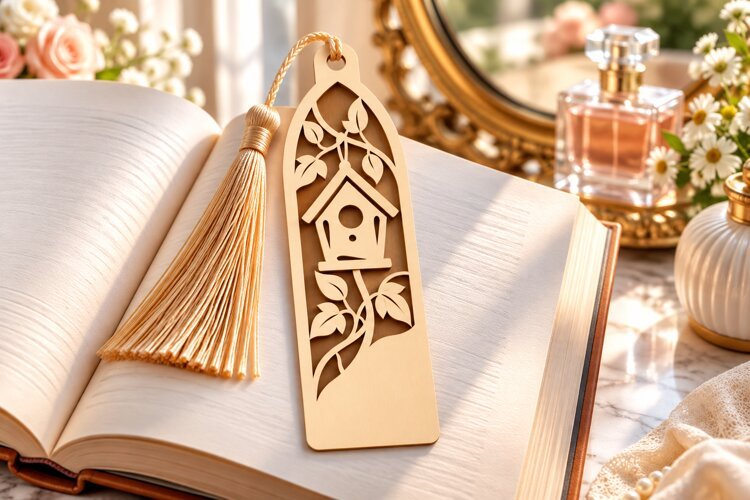 Birdhouse and Blossom Bookmark Laser Cut SVG PNG DXF EPS example image 1
