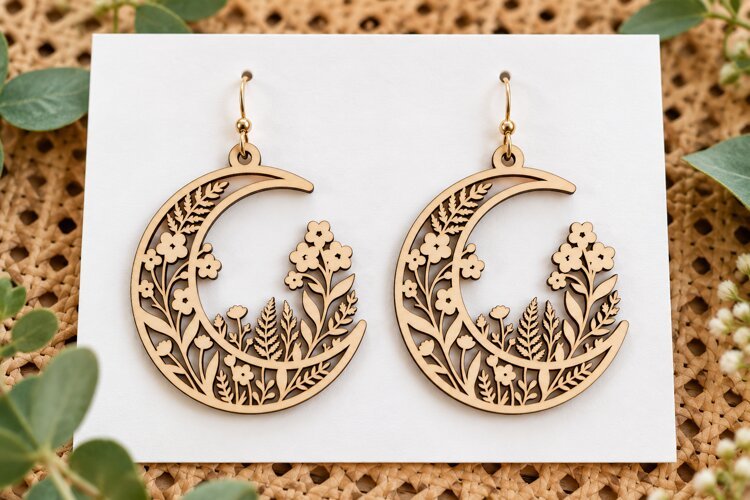Crescent Moon Floral Botanical Laser Cut Earrings SVG Desig example image 1