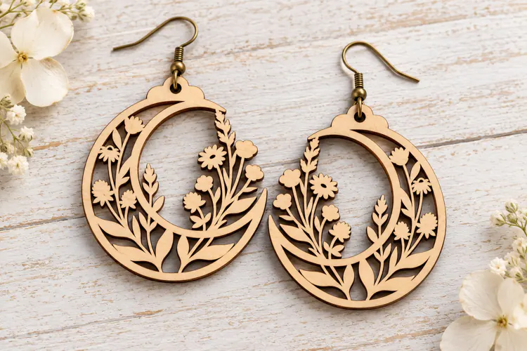 Crescent Moon Floral Botanical Laser Cut Earrings SVG