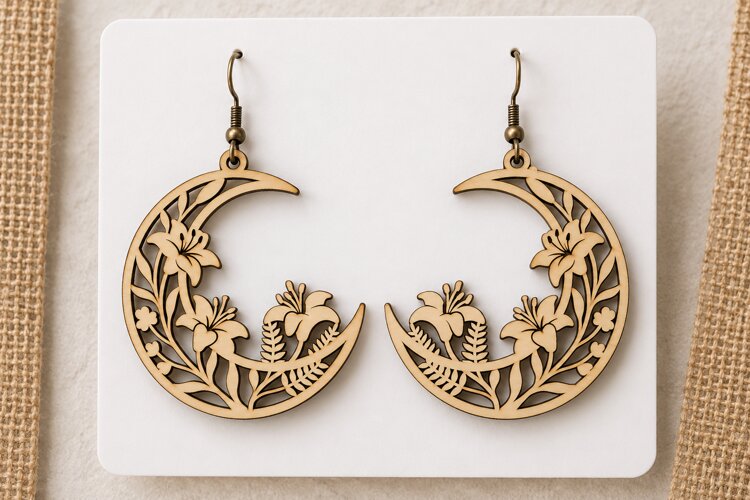Crescent Moon Wildflower Laser Cut Earrings SVG Template example image 1