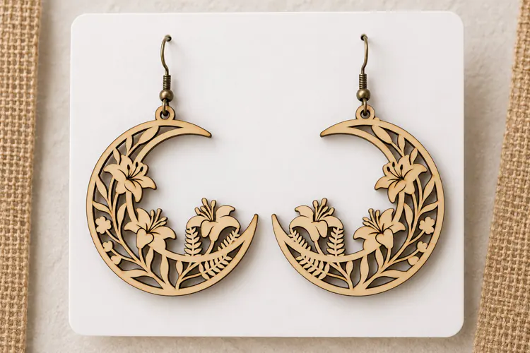 Crescent Moon Wildflower Laser Cut Earrings SVG Template