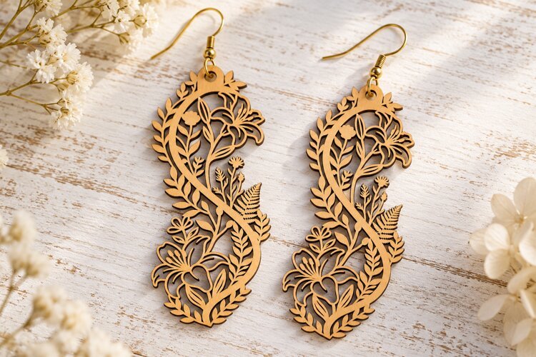 Floral Vine Laser Cut Earrings SVG Design laser cut svg example image 1