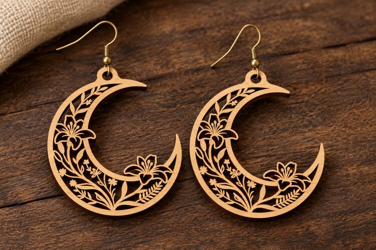 Crescent Moon Wildflower Laser Cut Earrings SVG Design laser example image 1