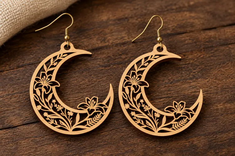Crescent Moon Wildflower Laser Cut Earrings SVG Design laser