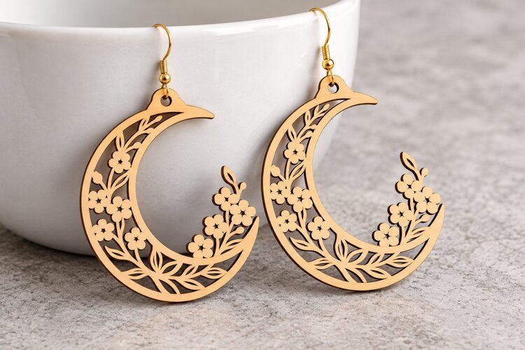 Crescent Moon Wildflower Laser Cut Earrings SVG Design laser example image 1