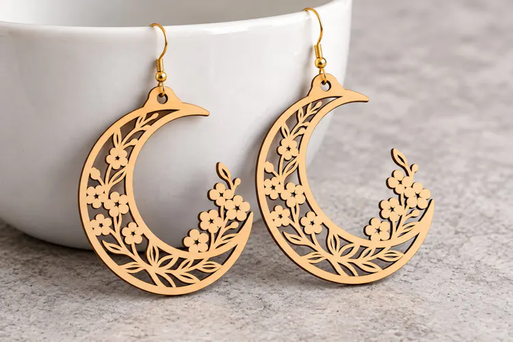 Crescent Moon Wildflower Laser Cut Earrings SVG Design laser