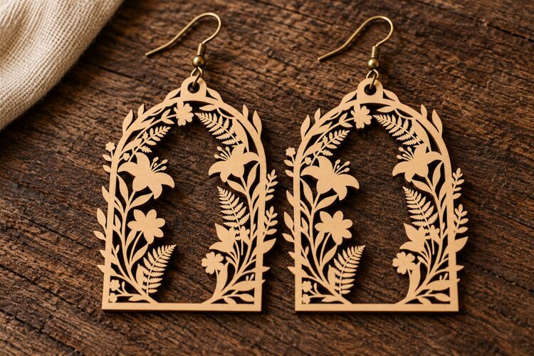 Arch Window Floral Tulip Laser Cut Earrings SVG Template las example image 1