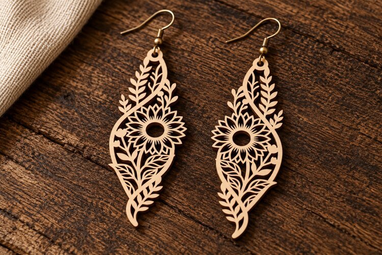 Sunflower Floral Laser Cut Earrings SVG Template laser cut example image 1