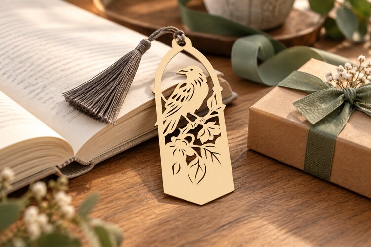 Songbird on Floral Branch Bookmark Laser Cut SVG PNG songbir example image 1