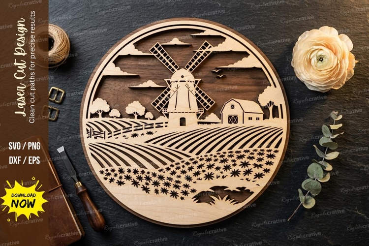 Windmill Farm Scene laser Cut svg Cutting file windmill svg