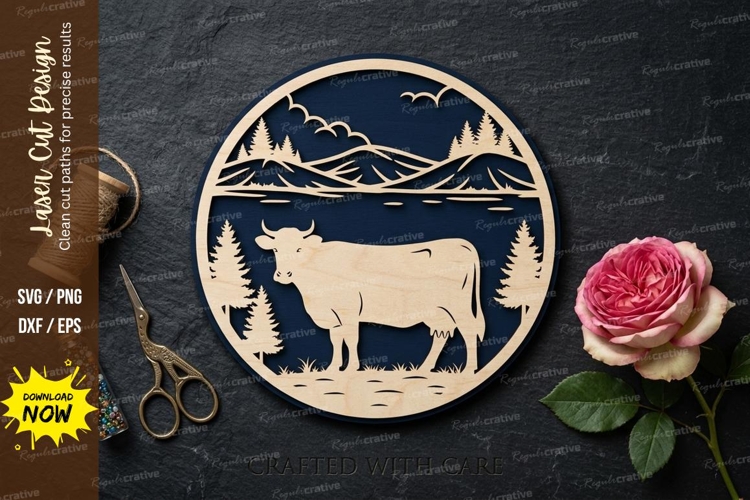 Cow Mountain Scene laser Cut svg Cutting file cow mountain