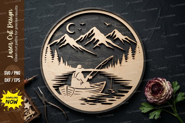 Fishing Mountain Scene laser Cut svg Cutting file fishing