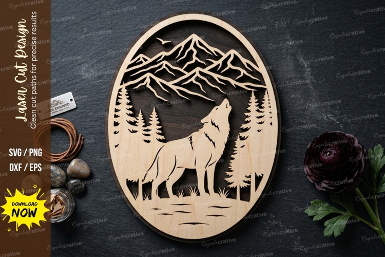 Wolf Mountain Scene laser Cut svg Cutting file wolf mountain