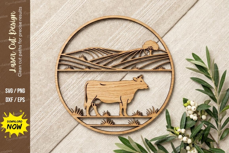 Cow Farm Scene Wooden Wall Clock | Laser Cut Nature Clock