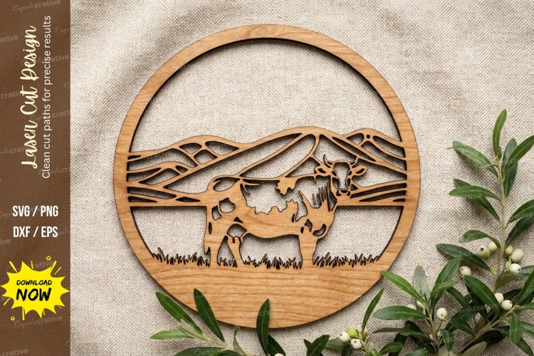Mountain   Cow Wooden Wall Clock | Laser Cut Landscape Clock