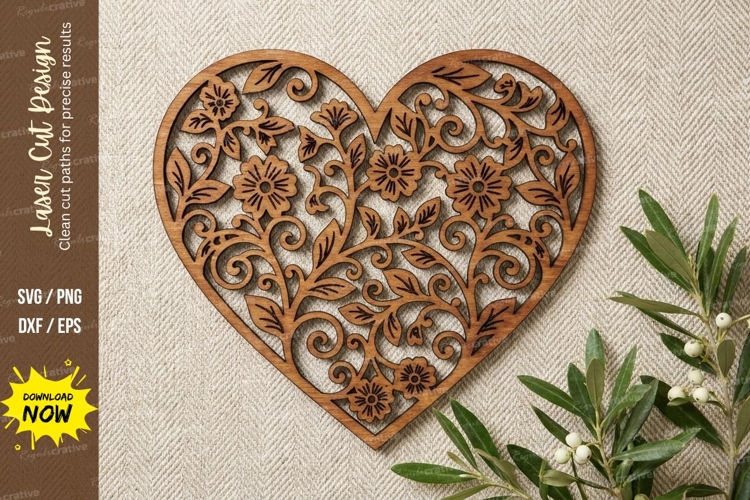 Intricate Floral Heart Wooden Wall Clock | Laser Cut
