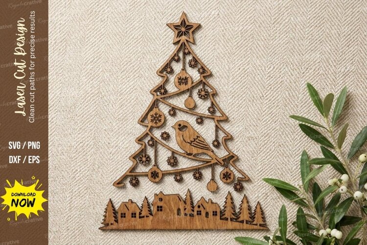 Christmas Tree Wooden Wall Clock with Village Scene | Laser example image 1