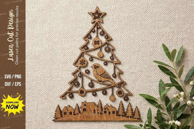 Christmas Tree Wooden Wall Clock with Village Scene | Laser