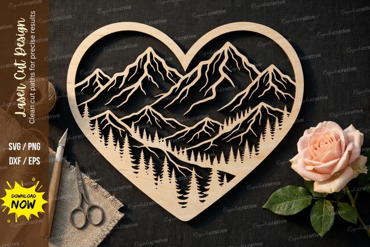 Forest Mountain Heart Laser Cut, forest mountain svg, heart