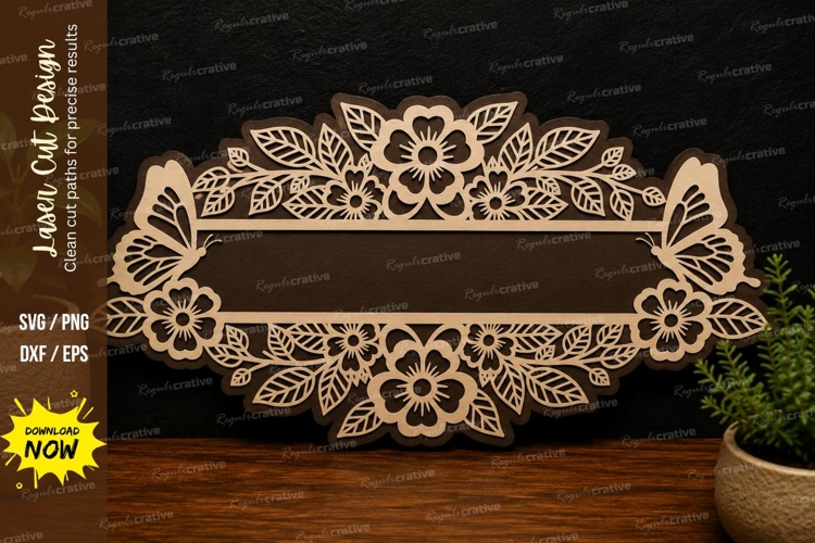 Floral Banner Frame laser cut svg File floral banner laser example image 1