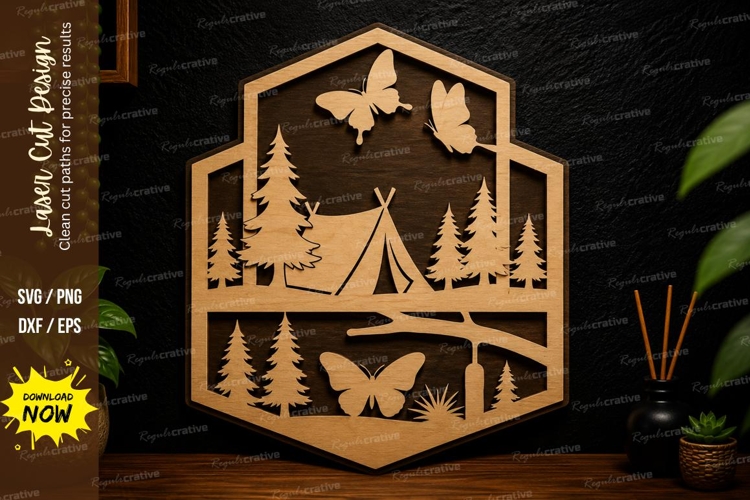 Hexagon Camping Scene laser cut svg File hexagon camping example image 1