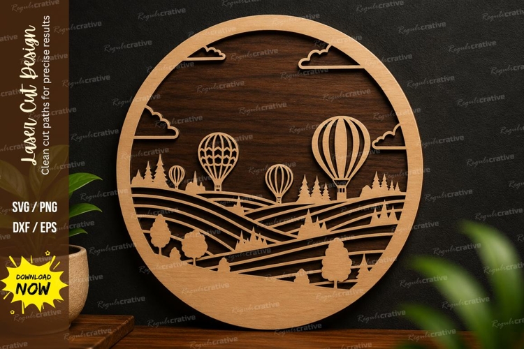 Hot Air Balloon Landscape SVG | Scenic Laser Cut Wall Art example image 1