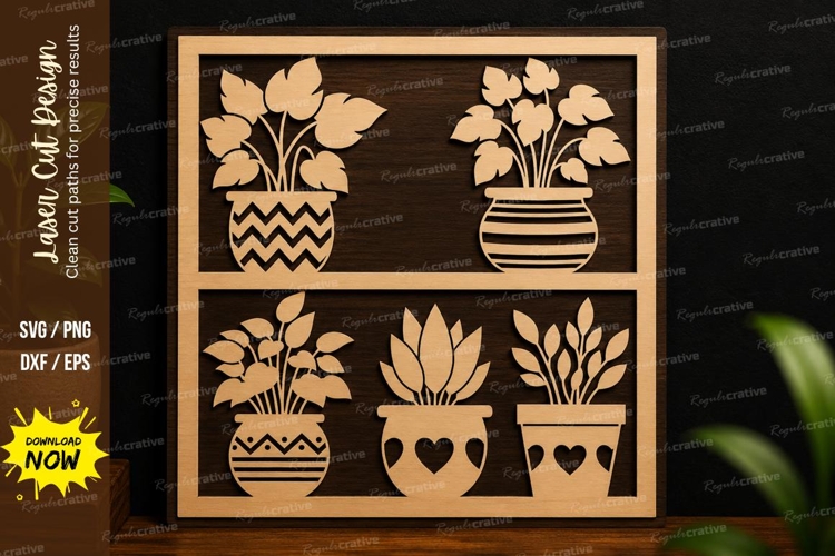 Potted Plants Shelf SVG | Botanical Laser Cut Wall Art example image 1