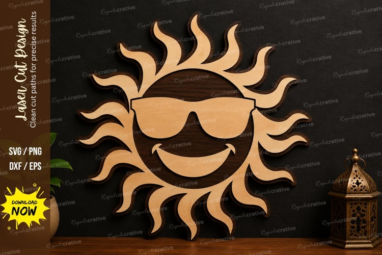 Cool Sun Face SVG | Summer Laser Cut Wall Decor Design sun example image 1