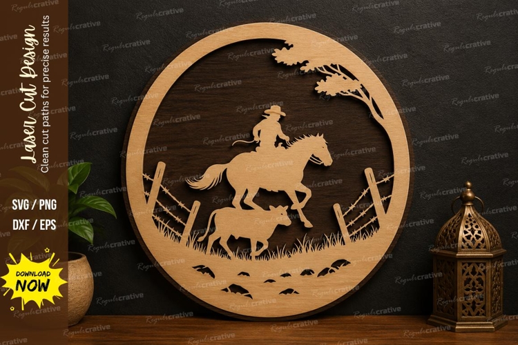 Cowboy Horse Scene SVG | Western Laser Cut Wall Art Design example image 1