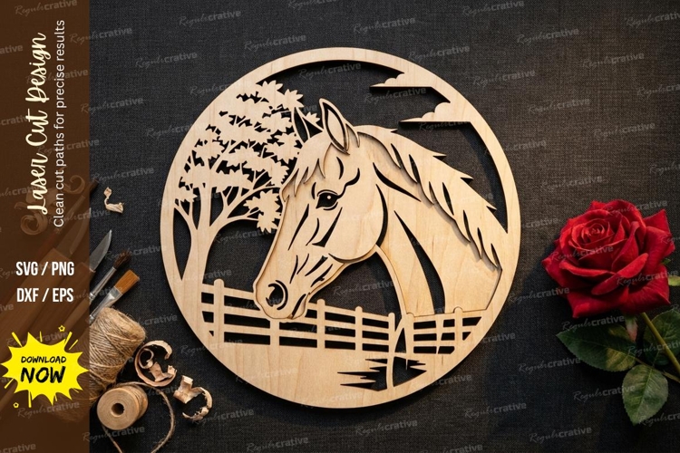 Horse Head Wooden Wall Art |Laser Cut Horse Farm Scene Deco