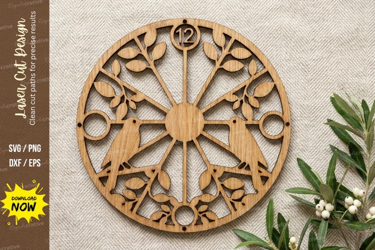 Laser Cut Wooden Bird Wall Clock with Floral Tree Design