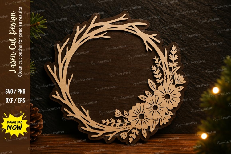 Floral Branch Wreath Laser Cut SVG Design floral wreath svg example image 1