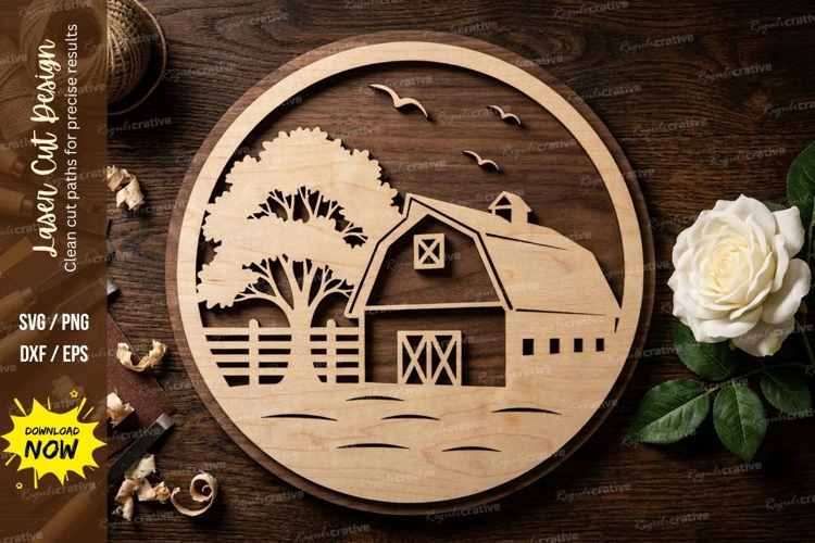 Rustic Farmhouse Barn Scene Wooden Wall Art Laser Cut SVG