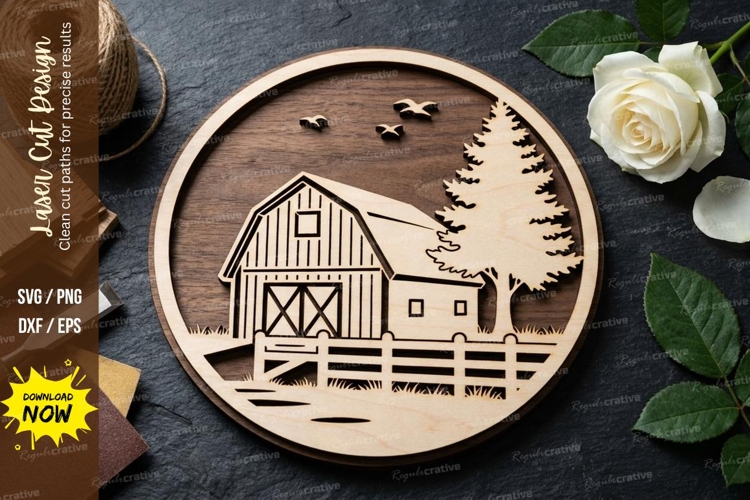 Farm Barn Circle Laser Cut SVG, Wood Sign Designs